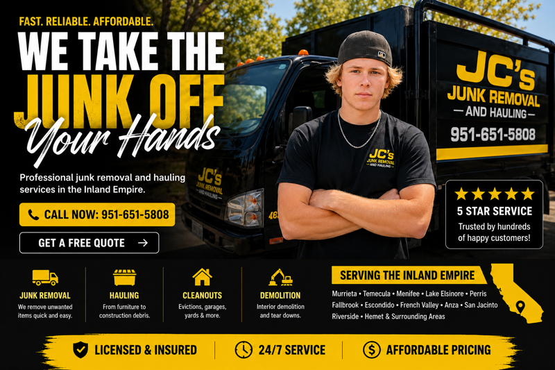 JC's Junk Removal and Hauling — fast, reliable, affordable junk removal, hauling, cleanouts and demolition in the Inland Empire. Call (951) 651-5808.